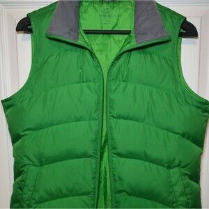 Lands End Women's Green Puffer Vest Grey Collar Warm Small 6-8 Comfy W/ Pockets